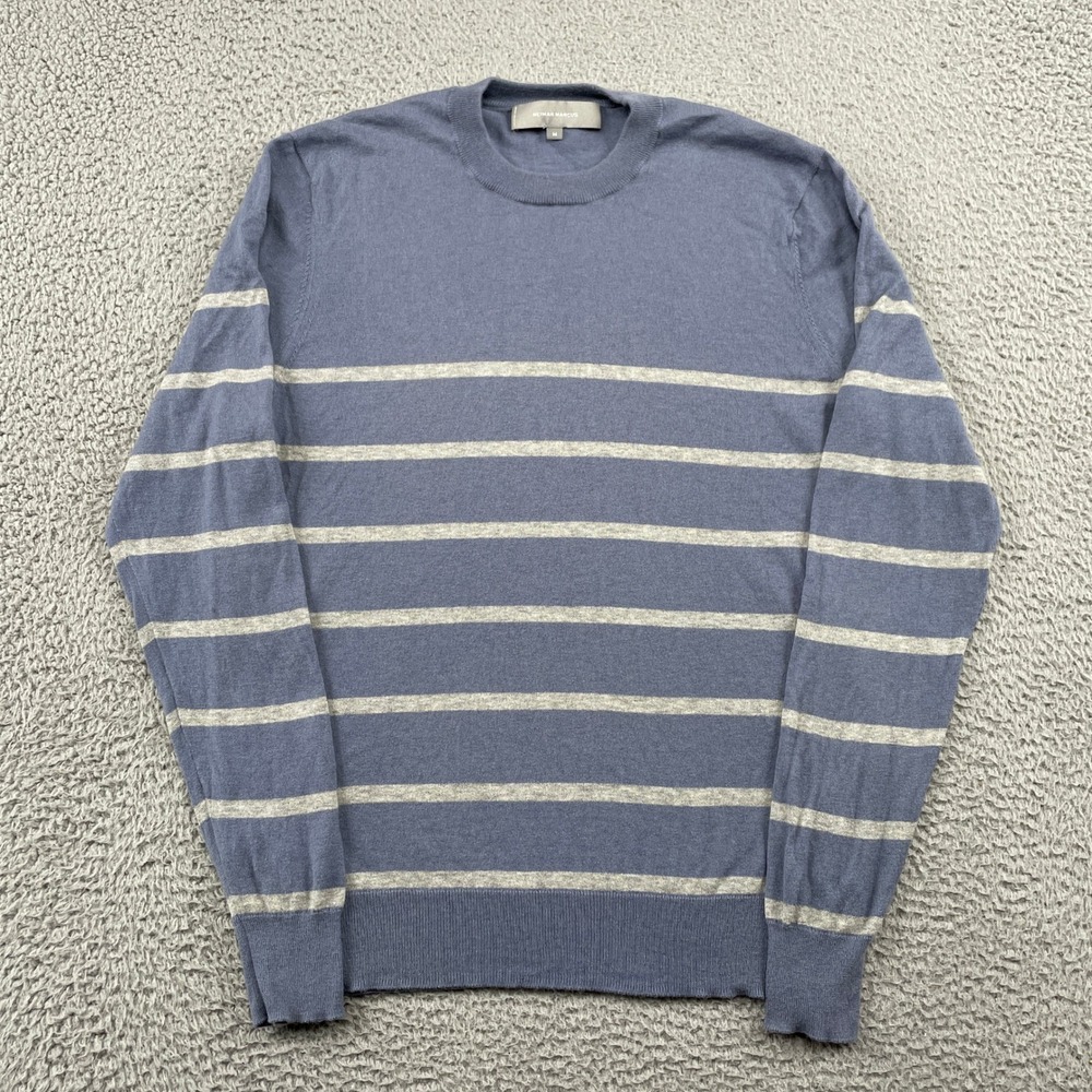 Neiman‎ Marcus Sweater Mens M Blue Cashmere Cotton Striped Crewneck Pullover